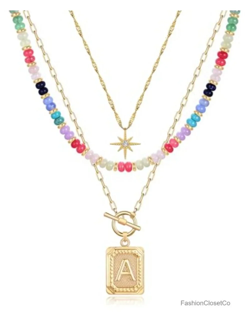 14K Gold Plated Layer Necklace Set Star Choker Beaded Letter Pendant